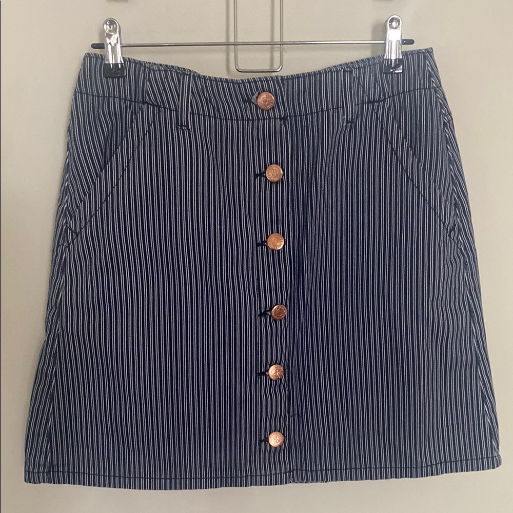 Joanie Striped Denim Navy Blue Button-Front Skirt with Pockets
